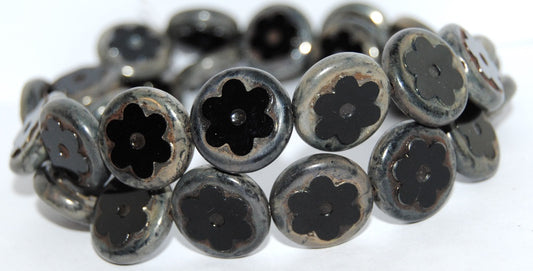 Table Cut Round Beads With Flower, Black 66800 (23980 66800), Glass, Czech Republic