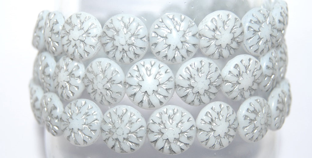 Round Flower Edelweiss Pressed Glass Beads, White 54201 (2010 54201), Glass, Czech Republic