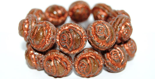 Round With Rose Flower Pressed Glass Beads, (16617 55307 Antiq), Glass, Czech Republic