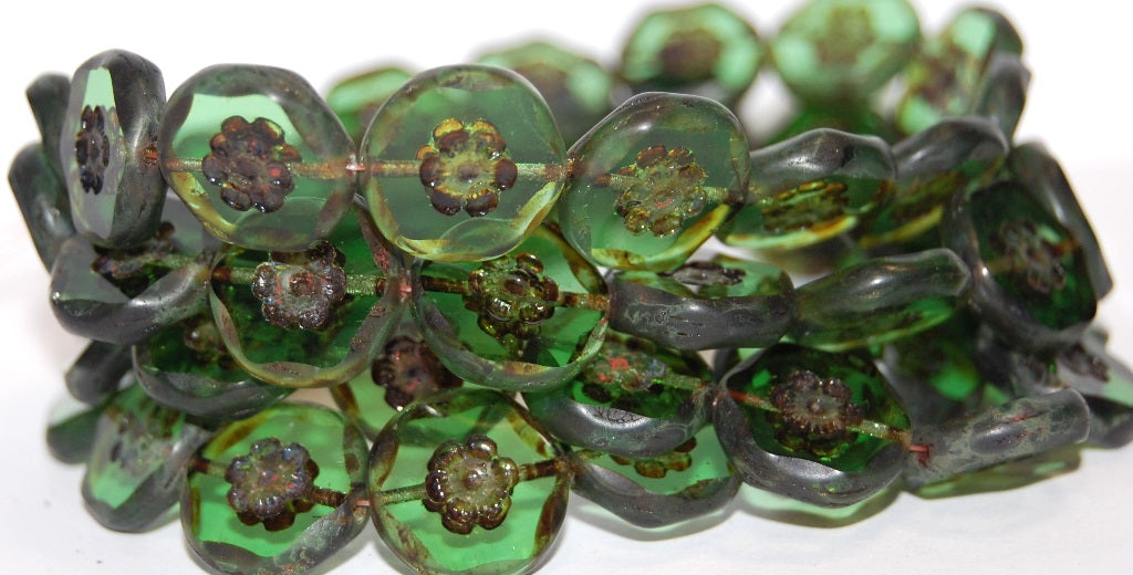 Table Cut Round Beads With Flower, Transparent Green Travertin (50020 86800), Glass, Czech Republic