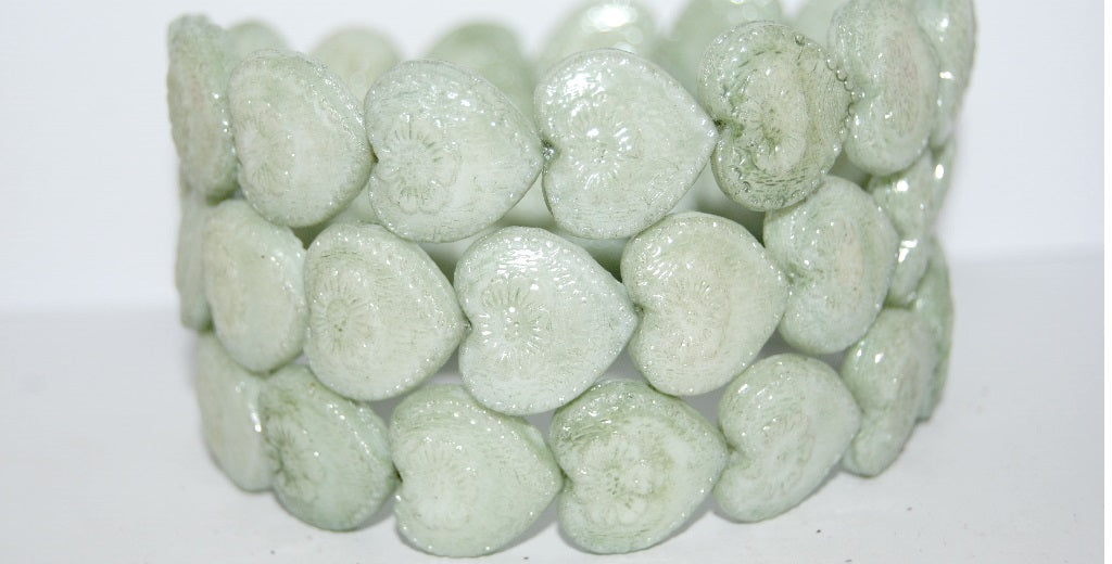 Heart With Flower Pressed Glass Beads, White Luster Green Full Coated (2010 14457), Glass, Czech Republic