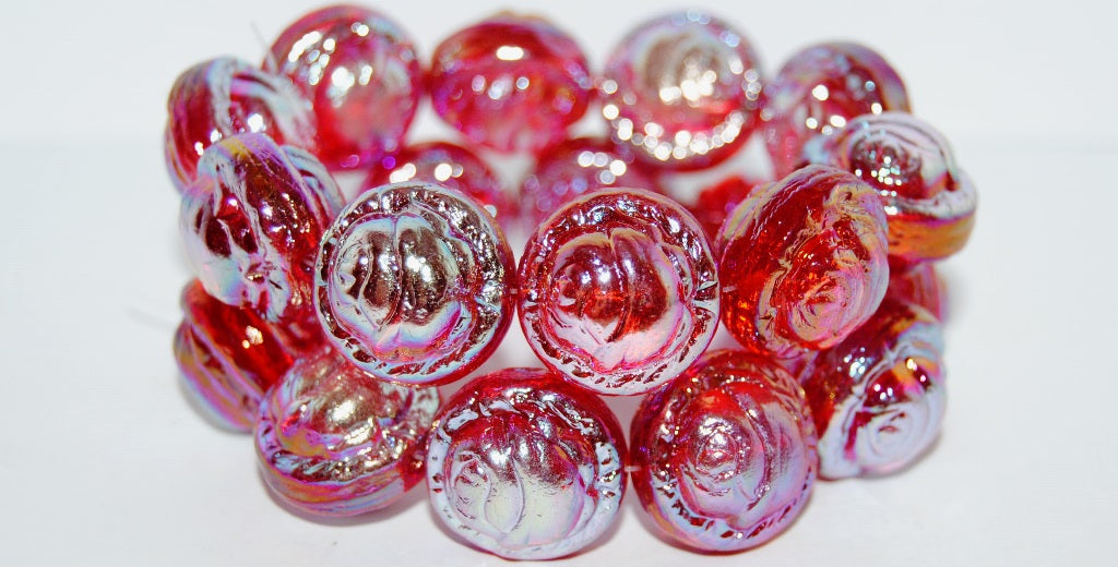 Round With Rose Flower Pressed Glass Beads, Ruby Red Ab 2X (90080 Ab 2X), Glass, Czech Republic