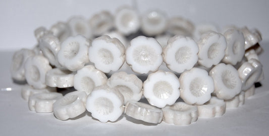 Table Cut Round Beads Hawaii Flowers, Chalk White Hematite (3000 14400), Glass, Czech Republic