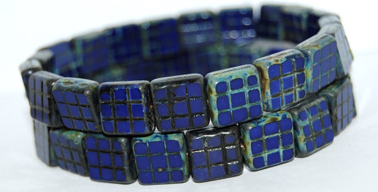 Table Cut Square Beads With Grid, Opaque Blue 66800 (33070 66800), Glass, Czech Republic