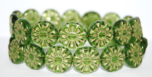 Flat Round With Flower Pressed Glass Beads, Transparent Green 54202 (50130 54202), Glass, Czech Republic