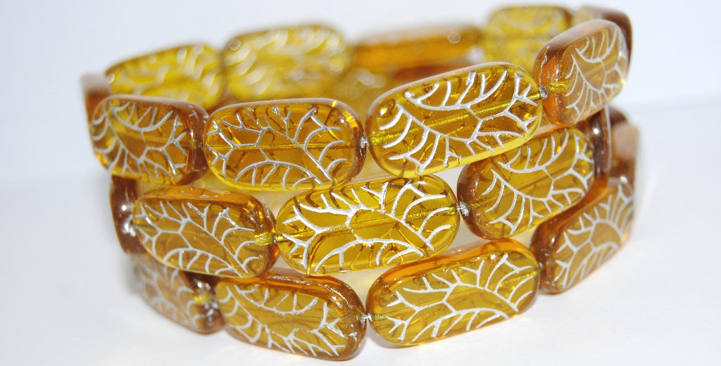 Rectangle With Ornament Pressed Glass Beads, Transparent Orange 54201 (10030 54201), Glass, Czech Republic