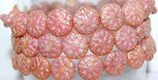 Round Flower Edelweiss Pressed Glass Beads, White Luster Red Full Coated (2010 14495), Glass, Czech Republic