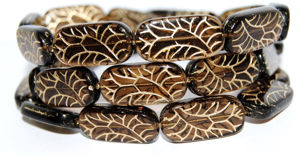 Rectangle With Ornament Pressed Glass Beads, Transparent Brown 54202 (10210 54202), Glass, Czech Republic