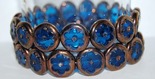 Table Cut Round Beads With Flower, Transparent Aqua Bronze (60050 14415), Glass, Czech Republic