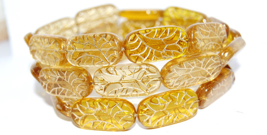 Rectangle With Ornament Pressed Glass Beads, Lt Topaz Mixed Colors 54202 (Lt Topaz Mix 54202), Glass, Czech Republic