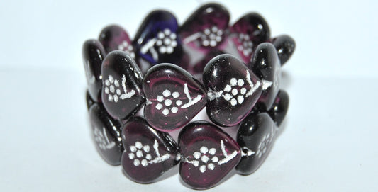 Heart With Simple Flower Pressed Glass Beads, Amethyst Mixed Colors 54201 (Amethyst Mix 54201), Glass, Czech Republic