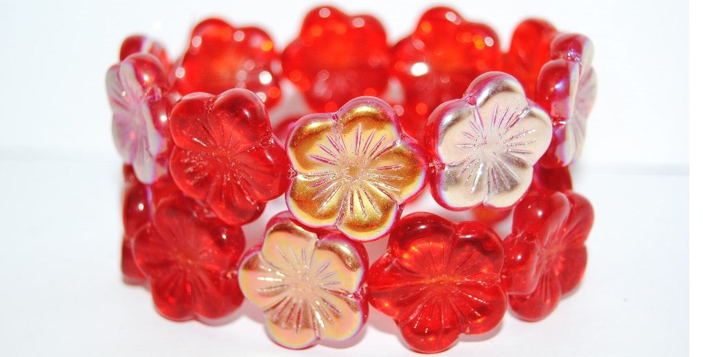 Round Flower Hibiskus Pressed Glass Beads, Ruby Red Ab (90080 Ab), Glass, Czech Republic