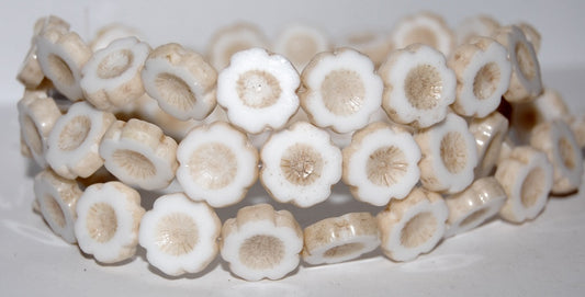 Table Cut Round Beads Hawaii Flowers, White Luster Brown Full Coated (2010 14413), Glass, Czech Republic