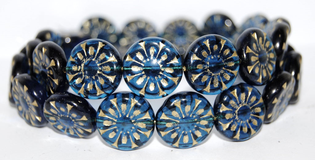Flat Round With Flower Pressed Glass Beads, Transparent Aqua 54202 (60080 54202), Glass, Czech Republic