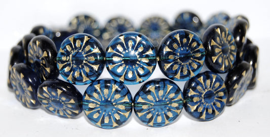 Flat Round With Flower Pressed Glass Beads, Transparent Aqua 54202 (60080 54202), Glass, Czech Republic