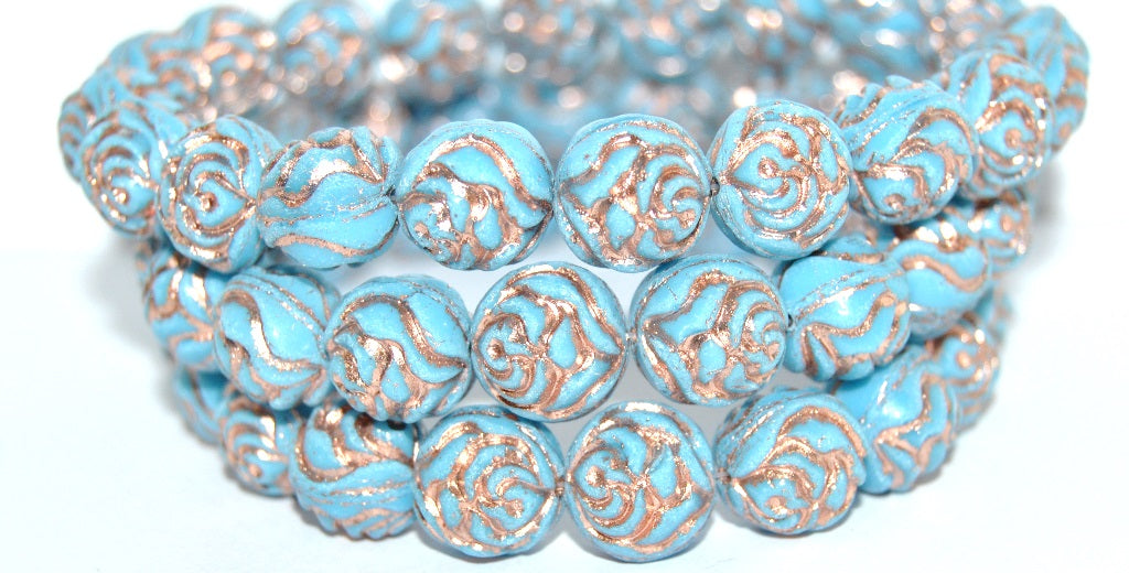 Round Rose Pressed Glass Beads, Turquoise Blue 54200 (63030 54200), Glass, Czech Republic