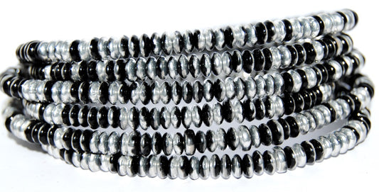 Flat Round Wheel Pressed Glass Beads, Black Crystal Silver Half Coating (23980 27001), Glass, Czech Republic