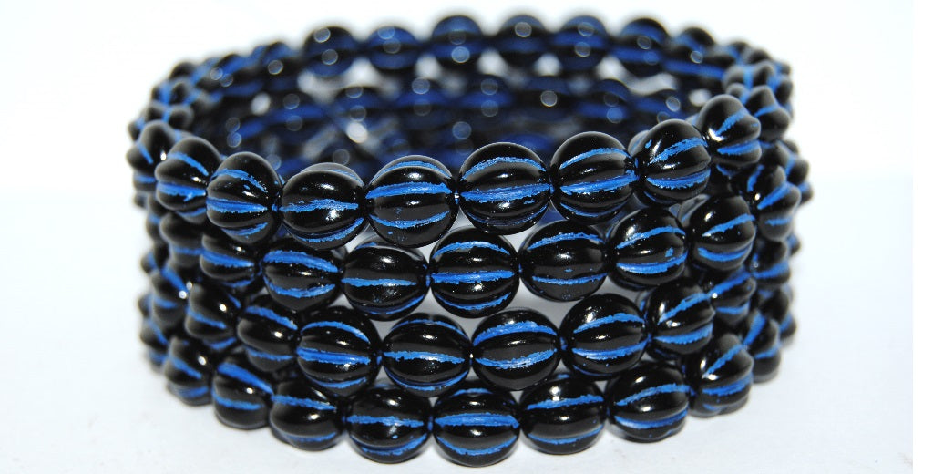 Melon Round Pressed Glass Beads With Stripes, Black 46430 (23980 46430), Glass, Czech Republic