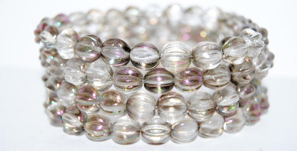 Melon Round Pressed Glass Beads With Stripes, Crystal 3001 (30 3001), Glass, Czech Republic