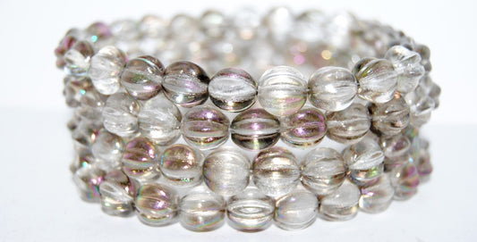 Melon Round Pressed Glass Beads With Stripes, Crystal 3001 (30 3001), Glass, Czech Republic