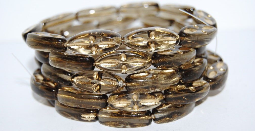 Boat Oval Pressed Glass Beads With Decor, (40030 54202), Glass, Czech Republic