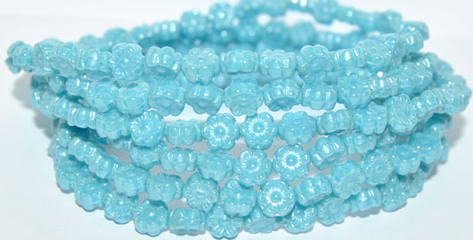 Hawaii Flower Pressed Glass Beads, Turquoise Blue Hematite (63030 14400), Glass, Czech Republic