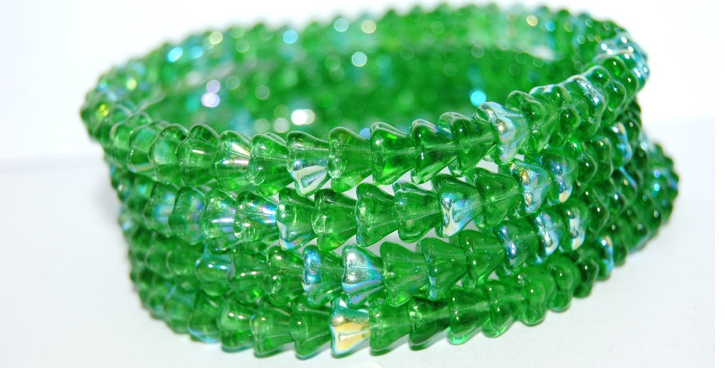 Bell Flower Pressed Glass Beads, Transparent Green Ab (50500 Ab), Glass, Czech Republic