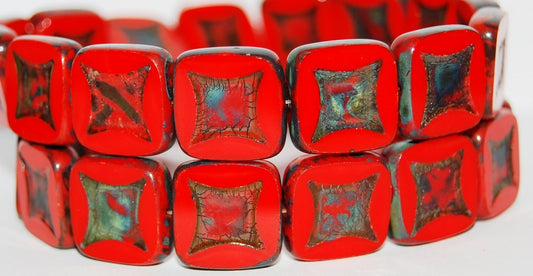 Table Cut Square Beads With Square, Deep Orange  Travertin (93140 86800), Glass, Czech Republic