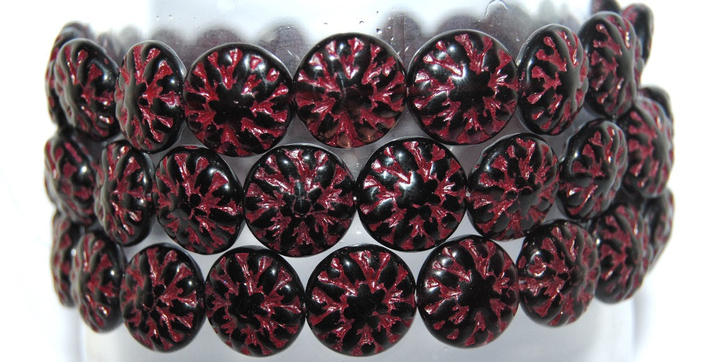 Round Flower Edelweiss Pressed Glass Beads, Black 46490 (23980 46490), Glass, Czech Republic