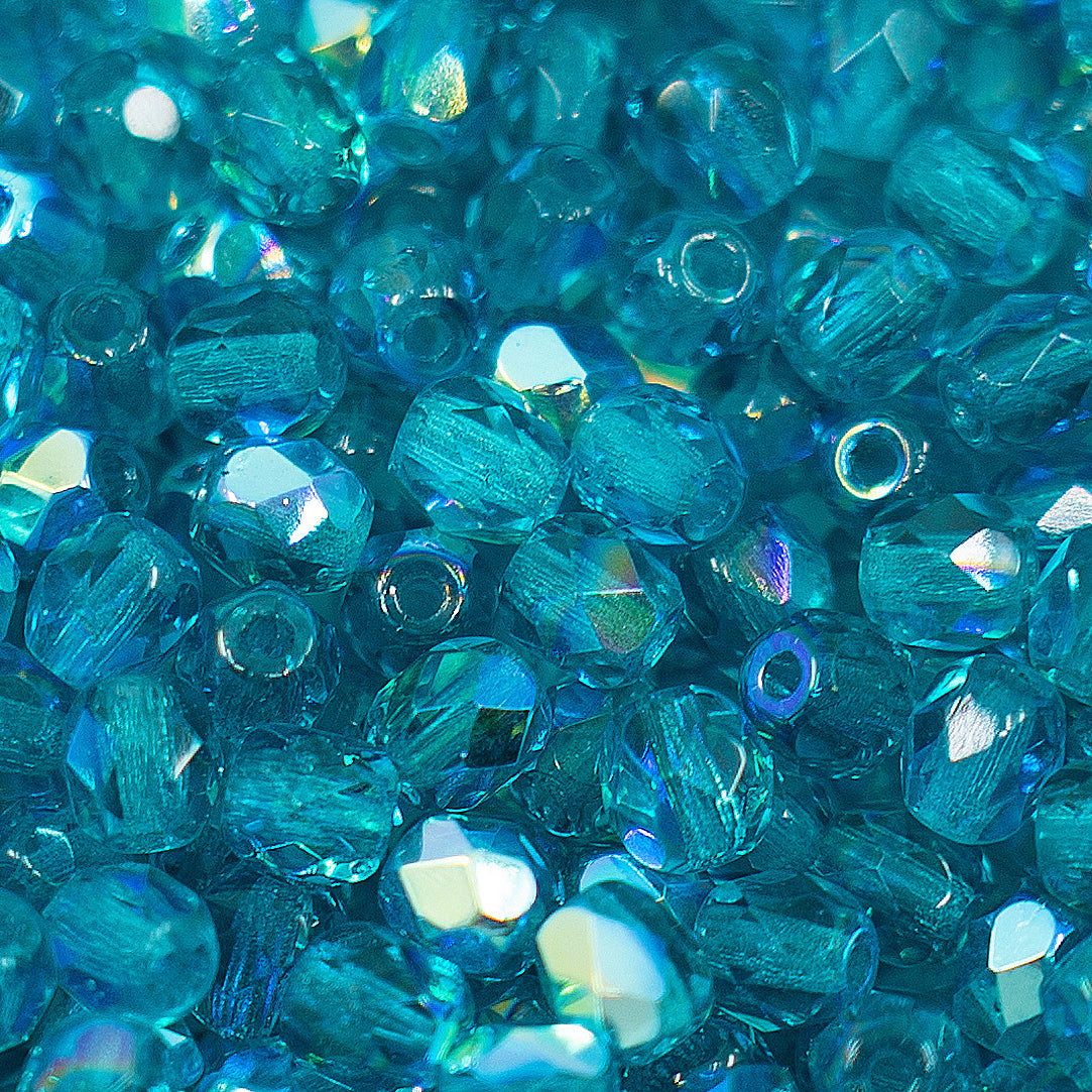 Facettierte feuerpolierte gepresste tschechische Glasperlen, Aqua Blue AB 60150-27801