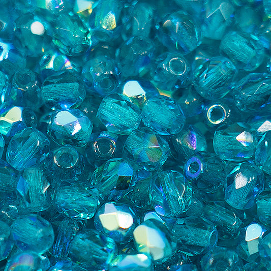 Faceted Fire Polished Pressed Czech Glass Beads, Aqua Blue AB 60150-27801
