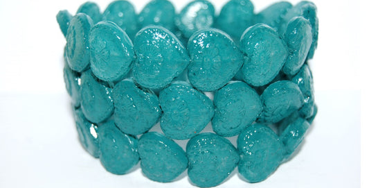 Heart With Flower Pressed Glass Beads, (Lava Glass 43613), Glass, Czech Republic