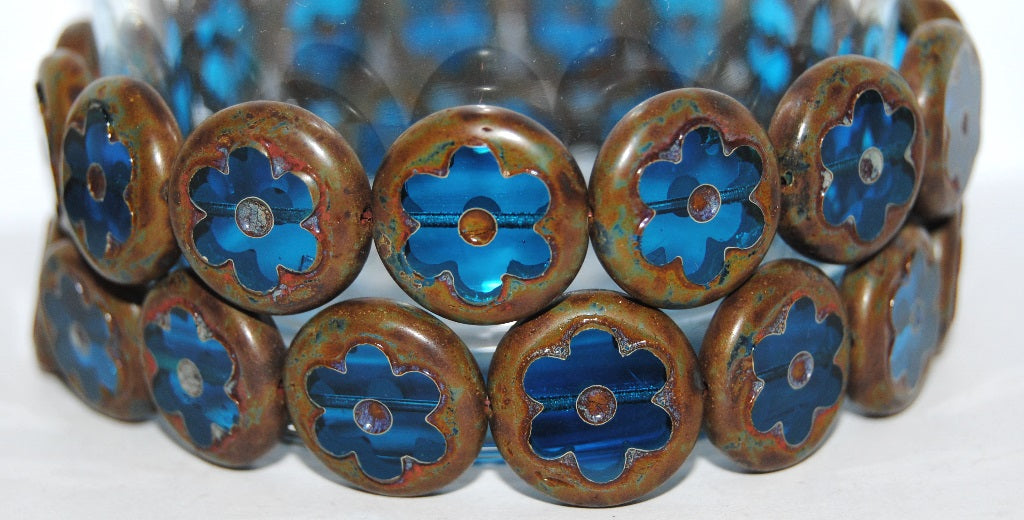 Table Cut Round Beads With Flower, Transparent Aqua Travertin (60050 86800), Glass, Czech Republic