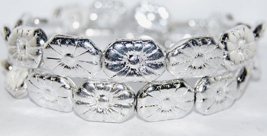 Rounded Rectangle With Flower Pressed Glass Beads, Silver (27000), Glass, Czech Republic