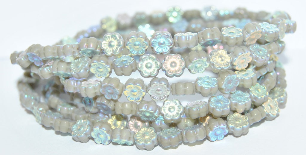 Hawaii Flower Pressed Glass Beads, Opaque Gray Ab 2Xside (43020 Ab 2Xside), Glass, Czech Republic