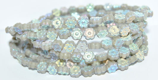 Hawaii Flower Pressed Glass Beads, Opaque Gray Ab 2Xside (43020 Ab 2Xside), Glass, Czech Republic