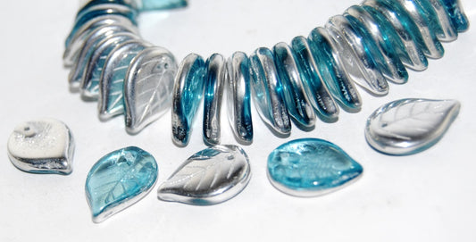 Leaf Pressed Glass Beads, Transparent Aqua Crystal Silver Half Coating (60010 27001), Glass, Czech Republic