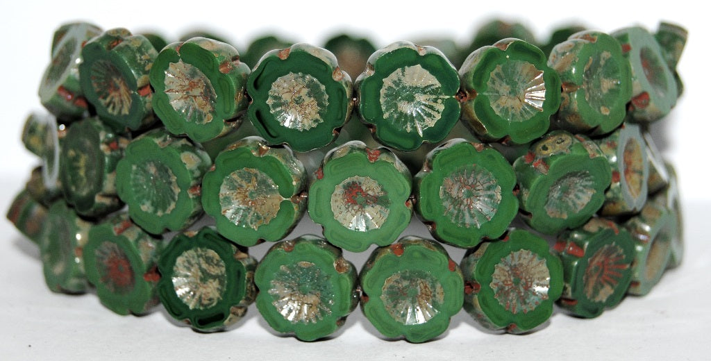 Table Cut Round Beads Hawaii Flowers, Opaque Green 43400 (53240 43400), Glass, Czech Republic