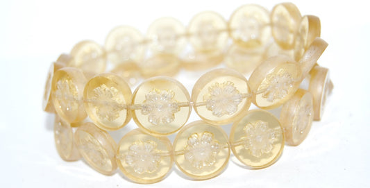 Table Cut Round Beads With Flower, 10020 Luster Cream (10020 14401), Glass, Czech Republic