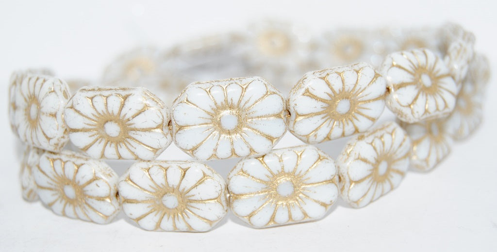 Rounded Rectangle With Flower Pressed Glass Beads, White 54202 (2010 54202), Glass, Czech Republic