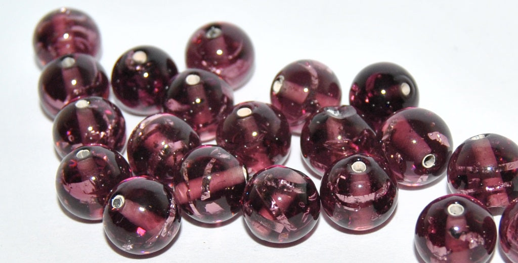 Czech Glass Hand Made Round Lampwork Beads With Silver Plates, (10 I), Glass, Czech Republic