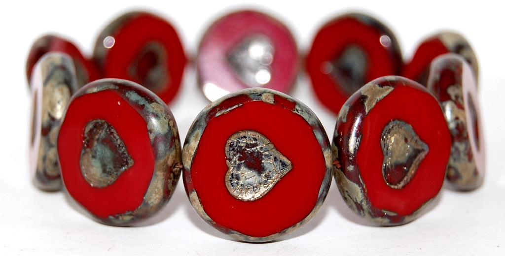 Table Cut Round Beads With Heart, Opaque Red 43400 (93200 43400), Glass, Czech Republic