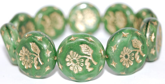 Round Flat With Flower Marguerite Pressed Glass Beads, (56027 54202), Glass, Czech Republic