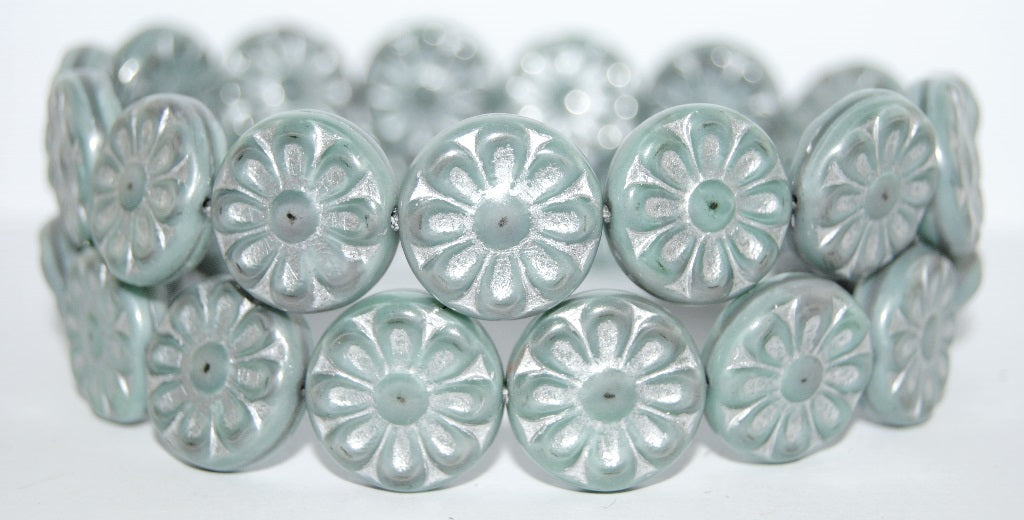 Flat Round With Flower Pressed Glass Beads, (47514 54201), Glass, Czech Republic