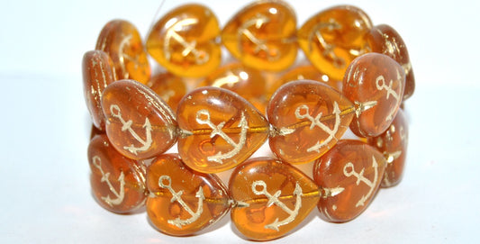 Heart With Anchor Pressed Glass Beads, (Opal Topaz 54202), Glass, Czech Republic