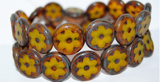 Table Cut Round Beads With Flower, Opal Yellow Travertin (81210 86800), Glass, Czech Republic