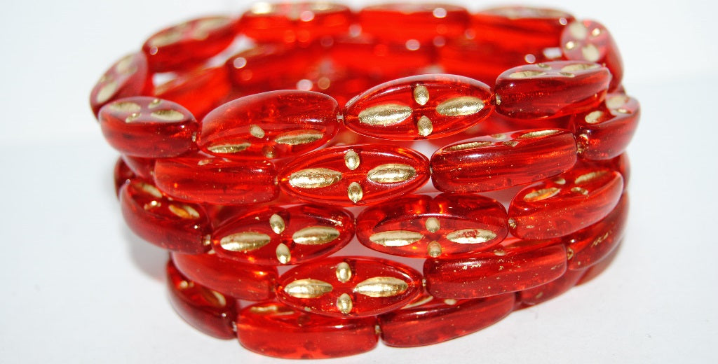 Boat Oval Pressed Glass Beads With Decor, Transparent Orange 54202 (90040 54202), Glass, Czech Republic