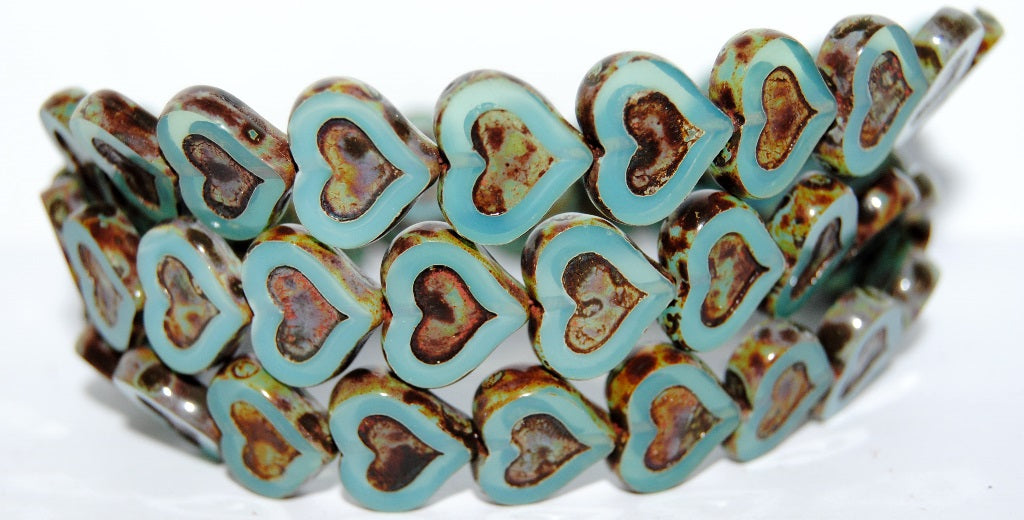 Table Cut Heart Beads With Heart, Opal Aqua Travertin (61000 86800), Glass, Czech Republic