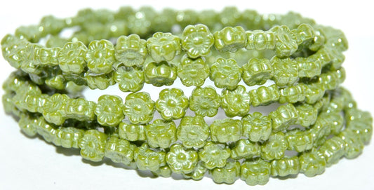 Hawaii Flower Pressed Glass Beads, Opaque Green Hematite (53400 14400), Glass, Czech Republic
