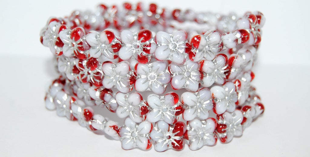 Flower Pressed Glass Beads, (Red White 54201), Glass, Czech Republic